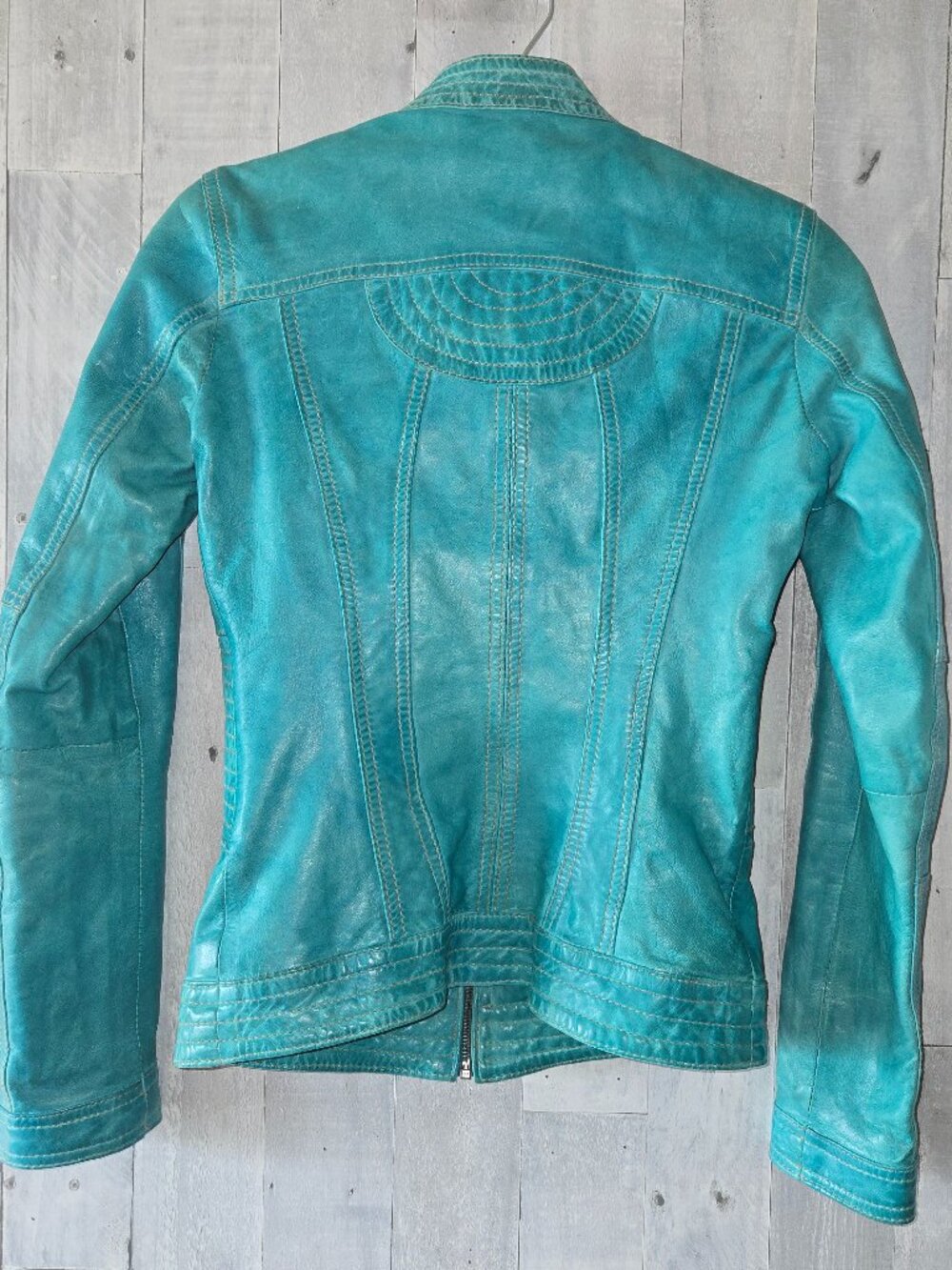 Danier Vintage Turquoise Leather Moto Bomber Jacket Y2K Retro XXS Size 3 - Picture 6 of 10